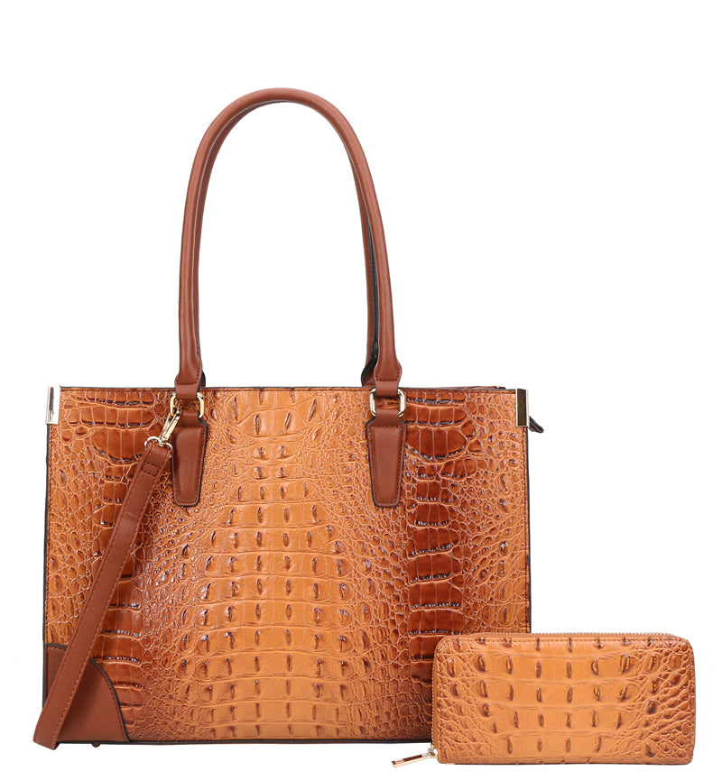 2 IN 1 Alligator Croc Satchel Set With Wallet- Coffee