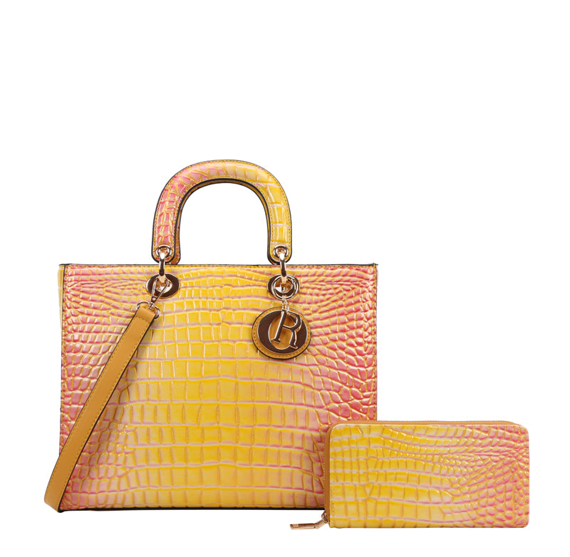 2 in-1 Amazing Boutique Quality Tie-dyed Croc Satchel- Mustard-Pink