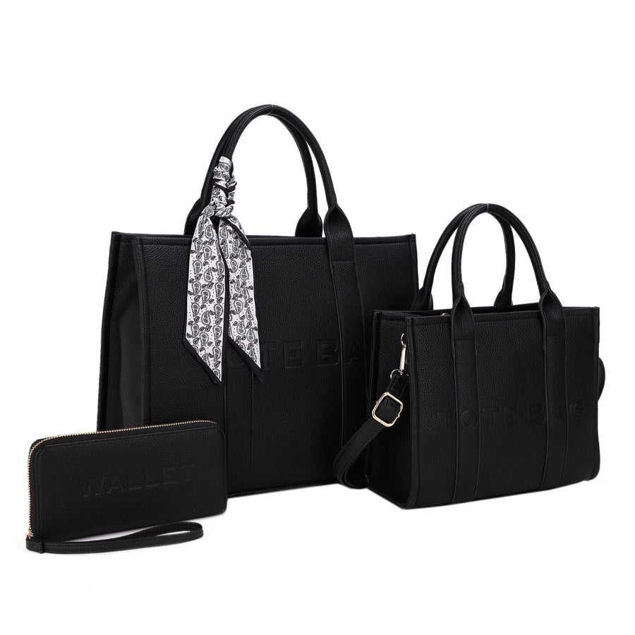 3-IN-1 Elegance Vegan Scarfed Tote Bag with Wallet Set - Black