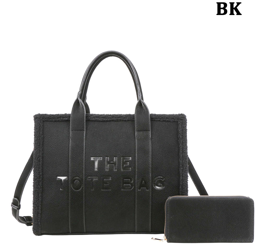 Large Size "The Tote Bag" Handbag + Wallet Set - Black Fur Trim