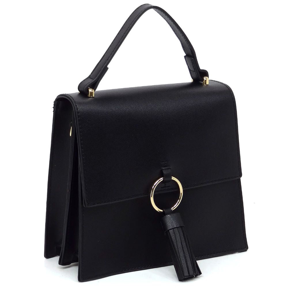 Fashion Ring Tassel Flap Crossbody Satchel- Black