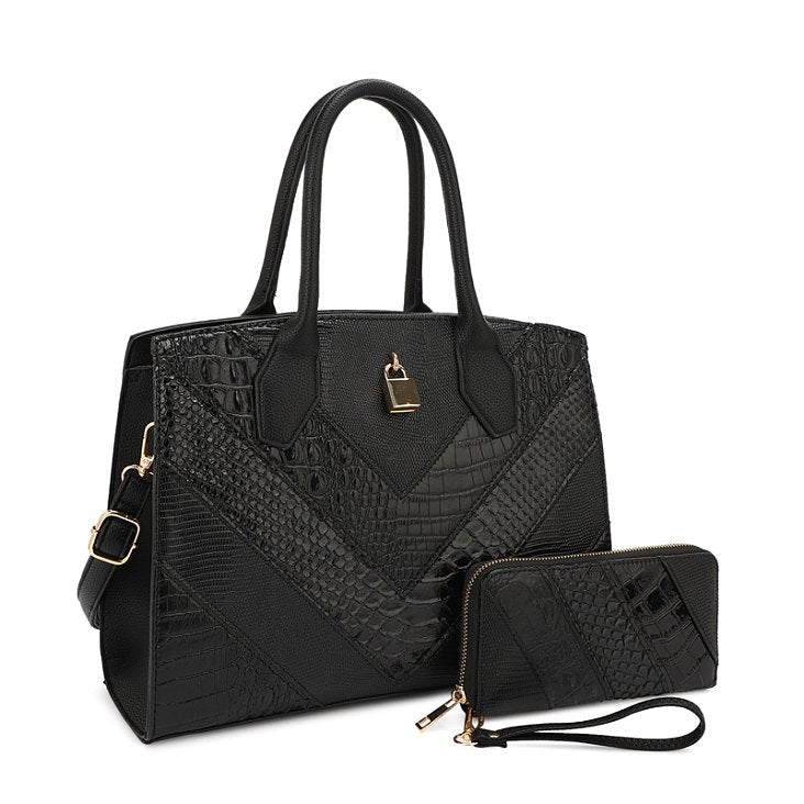 2-in-1 Crocodile Pattern Padlock Accent Satchel Wallet SET -Black