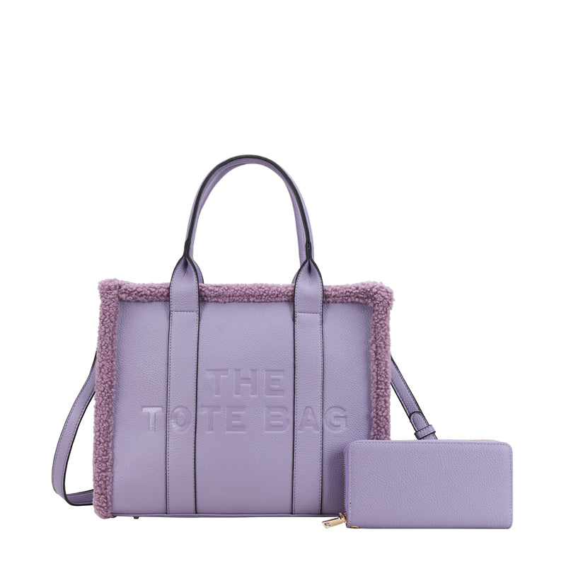 Large Size "The Tote Bag" Handbag + Wallet Set - Lavender Fur Trim