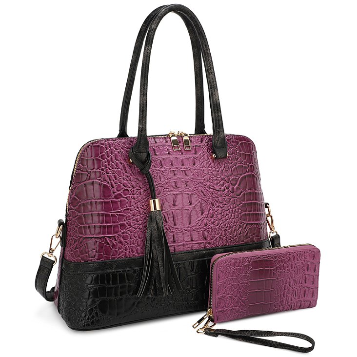 Crocodile Color block 2-in-1 Dome Satchel - Purple