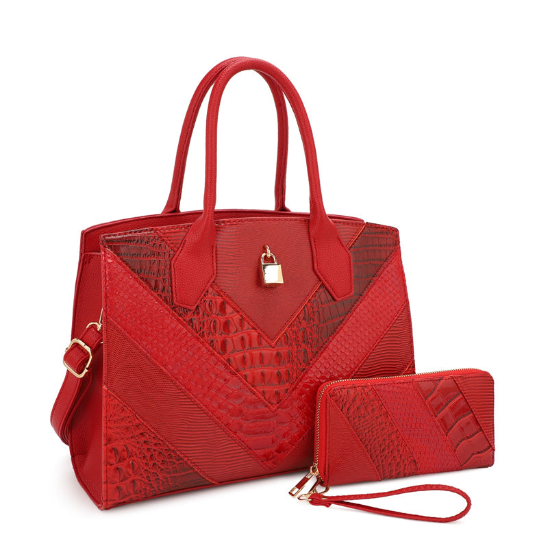 2-in-1 Crocodile Pattern Padlock Accent Satchel Wallet SET -RED