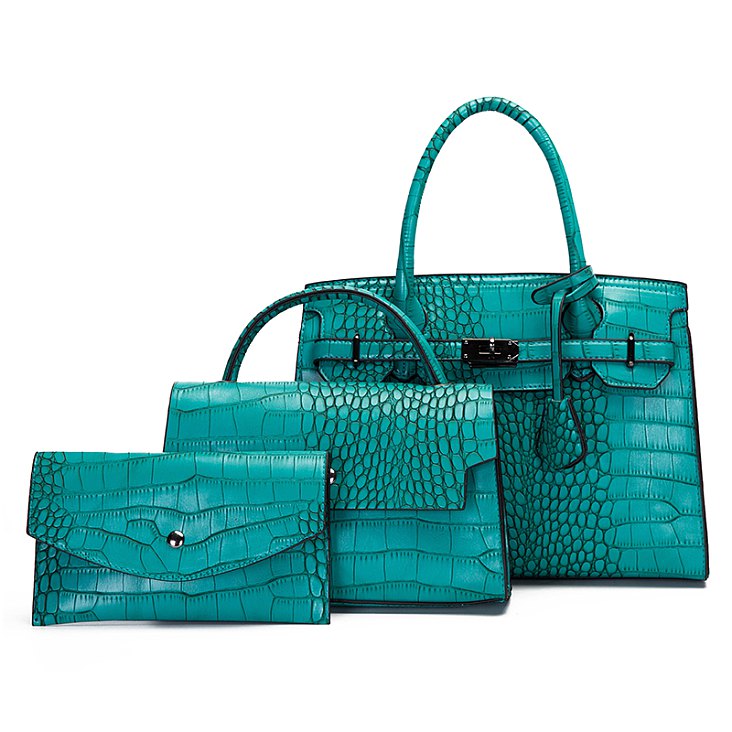 3-IN-1 Crocodile Pattern Satchel, Cross-body Set & Clutch - Turquoise