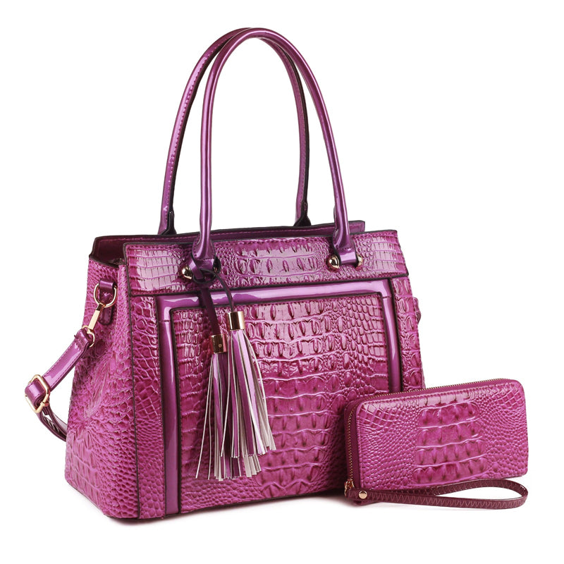 2- in-1 CROCODILE SATCHEL WALLET SET WITH TASSEL - Purple