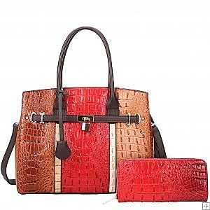 2 IN 1 ALLIGATOR SATCHEL WALLET SET - RED