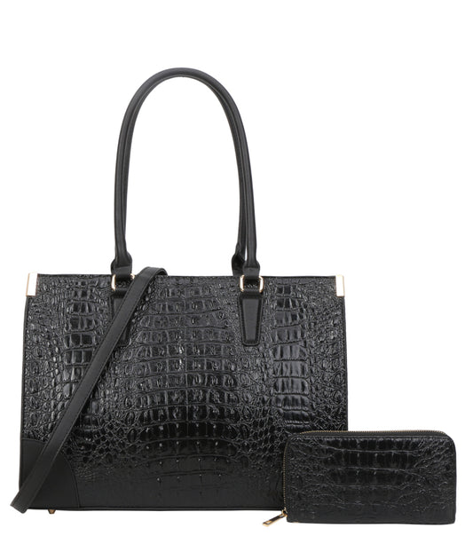 2 IN 1 Alligator Croc Satchel Set With Wallet - Black