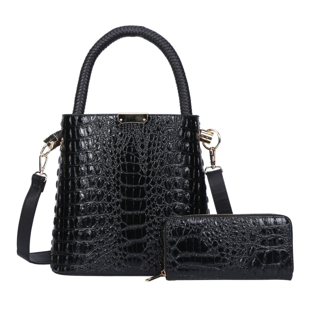 2 in 1 Quality Alligator Skin Satchel & Wallet Set -Black