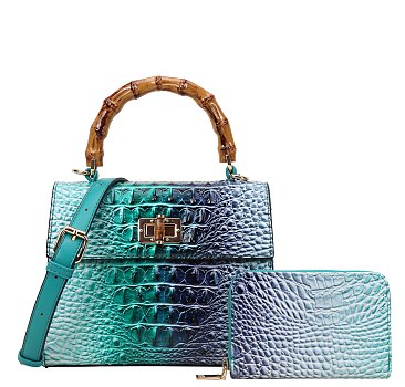 2 in 1 Crocodile Bamboo Handle Tie-dyed Satchel + Wallet - Turquoise