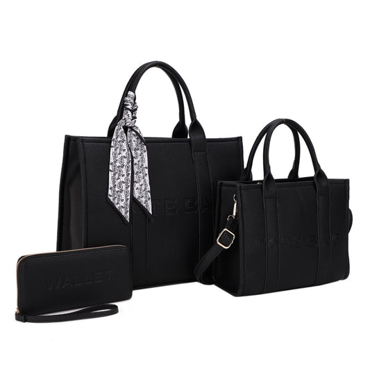 3-IN-1 Elegance Vegan Scarfed Tote Bag with Wallet Set - Black