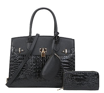 Black 3 IN 1 Crocodile Padlock Satchel Set