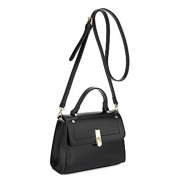 Smooth Padlock Flap Satchel Bag - Black