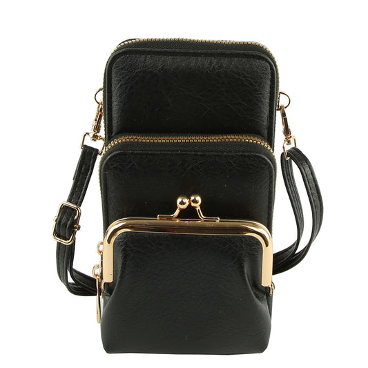 Fashion Kiss Lock Crossbody Bag Cell Phone Purse- Black