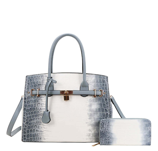 2 IN 1 Tie-dyed Hot Crocodile Satchel Set + Wallet -Blue-Grey