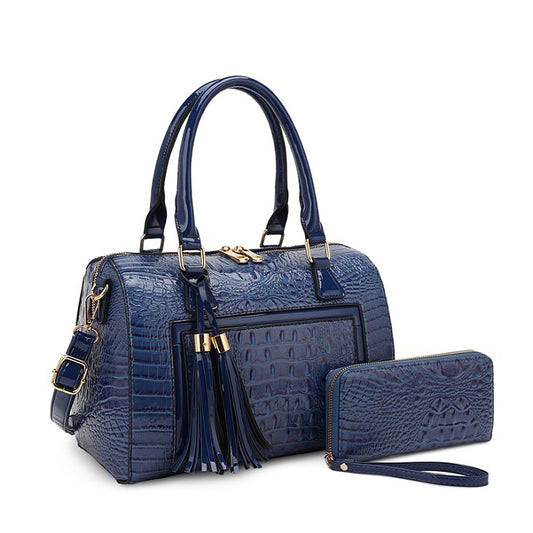 CROCODILE TASSLED BOSTON SATCHEL WITH WALLET- BLUE