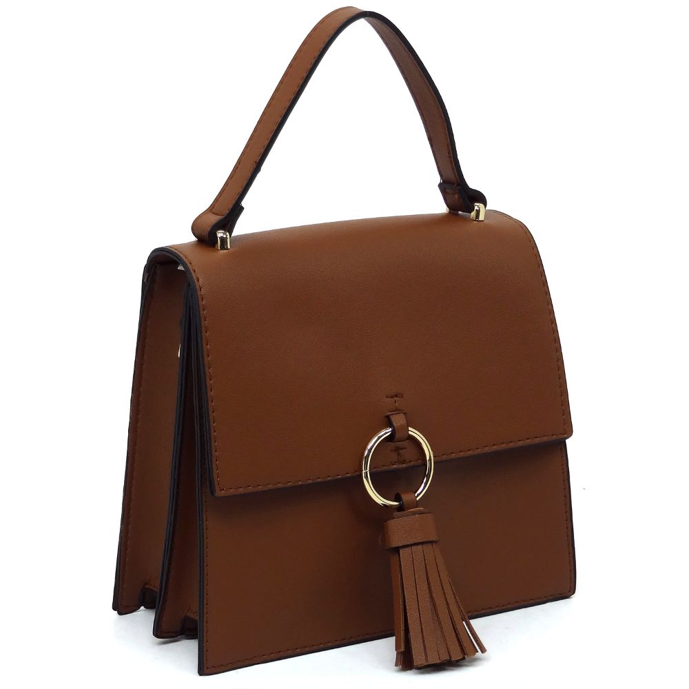 Fashion Ring Tassel Flap Crossbody Satchel- Brown