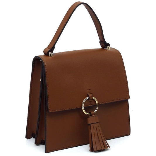 Fashion Ring Tassel Flap Crossbody Satchel- Brown