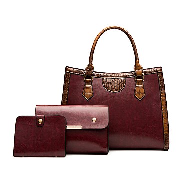 3 in 1 Crocodile Accent Satchel Wallet Set, Wine-Red