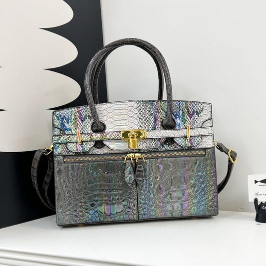Exceptional Crocodile Padlock Multi Tone Satchel - Gray