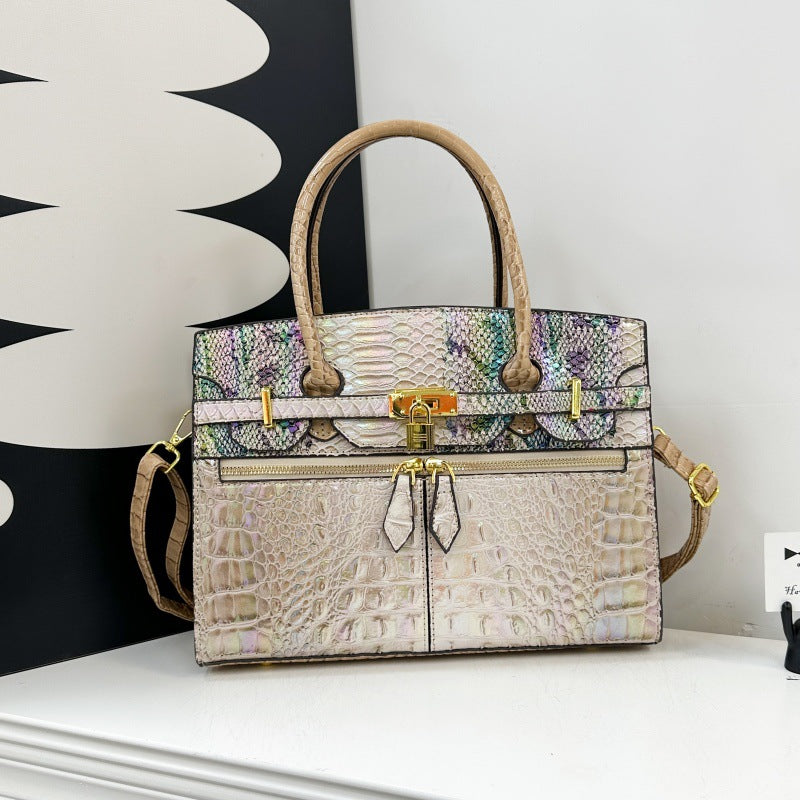 Exceptional Crocodile Padlock Multi Tone Satchel - Beige