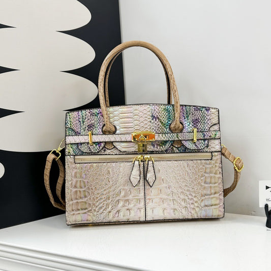 Exceptional Crocodile Padlock Multi Tone Satchel - Beige