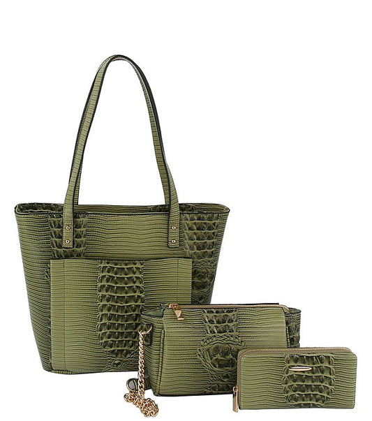 3-in-1 Alligator Croc Tote / Crossbody / Wallet Set - Green