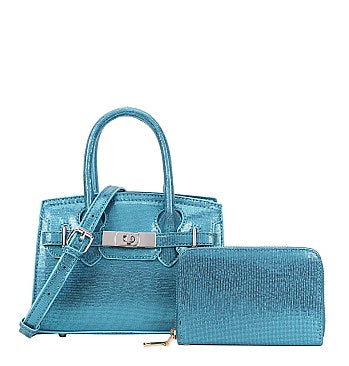 2 in 1 Metalic Padlock Satchel Wallet Set, Blue