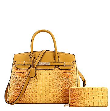 Classic Crocodile Skin Satchel Wallet Set - Yellow