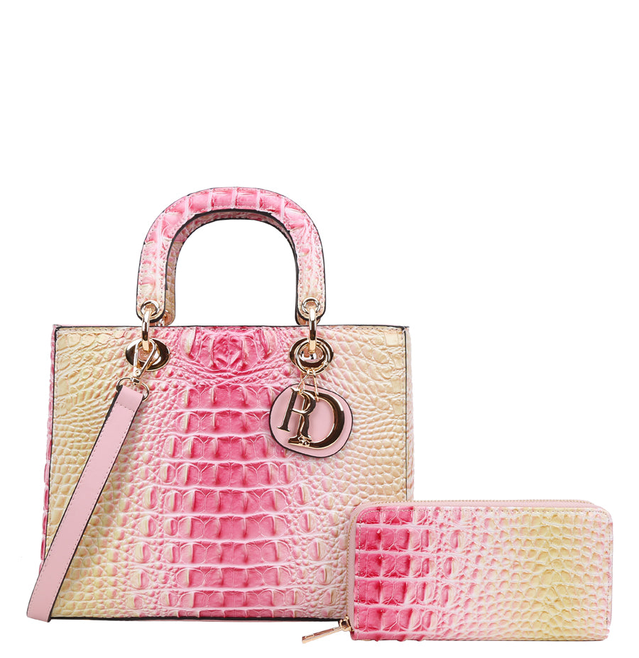 2-IN-1Tie-Dye Croc Satchel Wallet Set - Pink