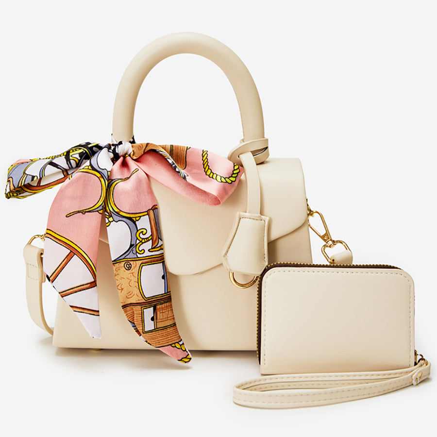 Scarf Top Handle Satchel 2-in-1 Set - Beige