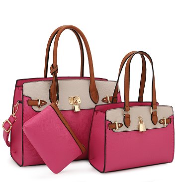 Color Block - 3 in 1 Twin Tote-Satchel Value Set, Fuchsia-BG