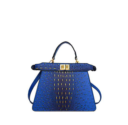 Two Tone Croc Twist Lock Satchel / Crossbody Bag - Blue