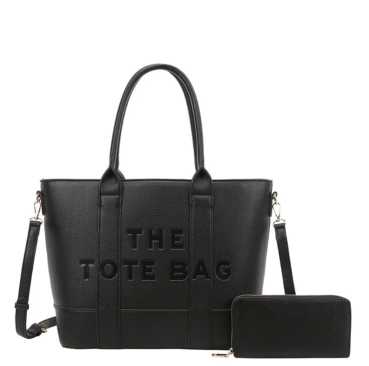 Large Size The Tote Bag Set With Wallet - Black Leather