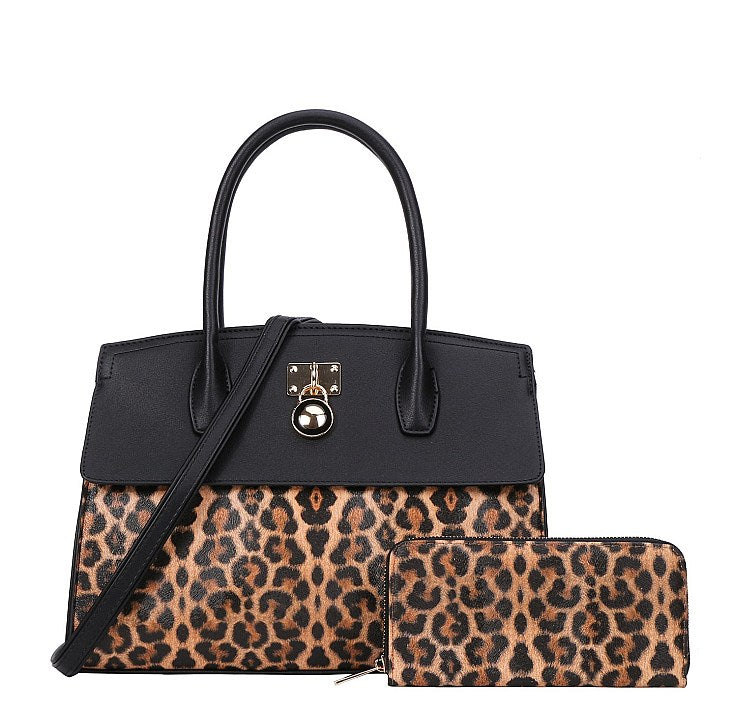 2 in 1 Leopard Print Padlock Satchel - Leopard